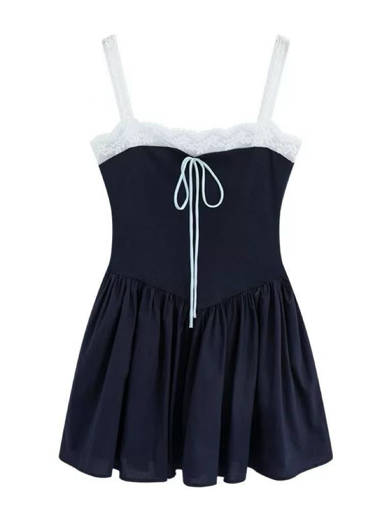 crushpeach Navy Blue Lace Patchwork Puffy  POKET MINI Dress