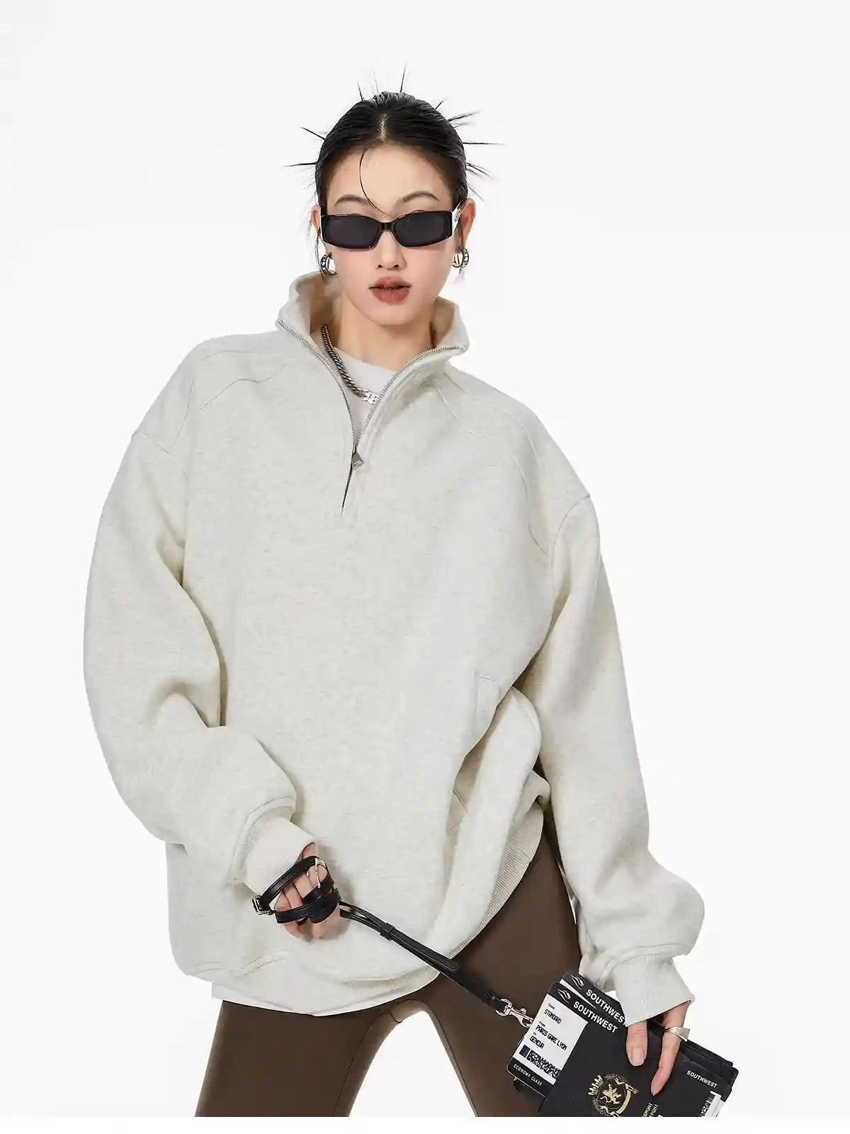 Half-Zip Stand Collar Sweatshirt with Relaxed Fit  f0368