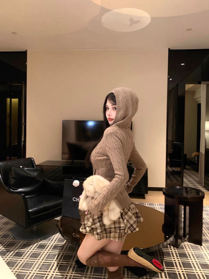 V-Neck Hooded Knitted Pullover for Women C0020