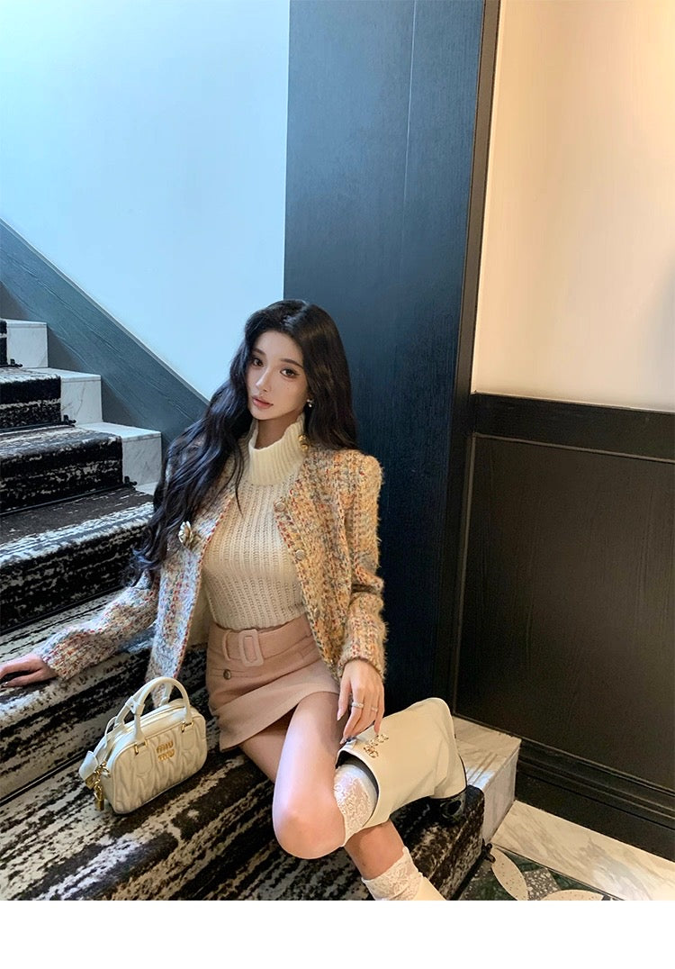 Round-Neck Elegant Tweed Jacket for Women C0005