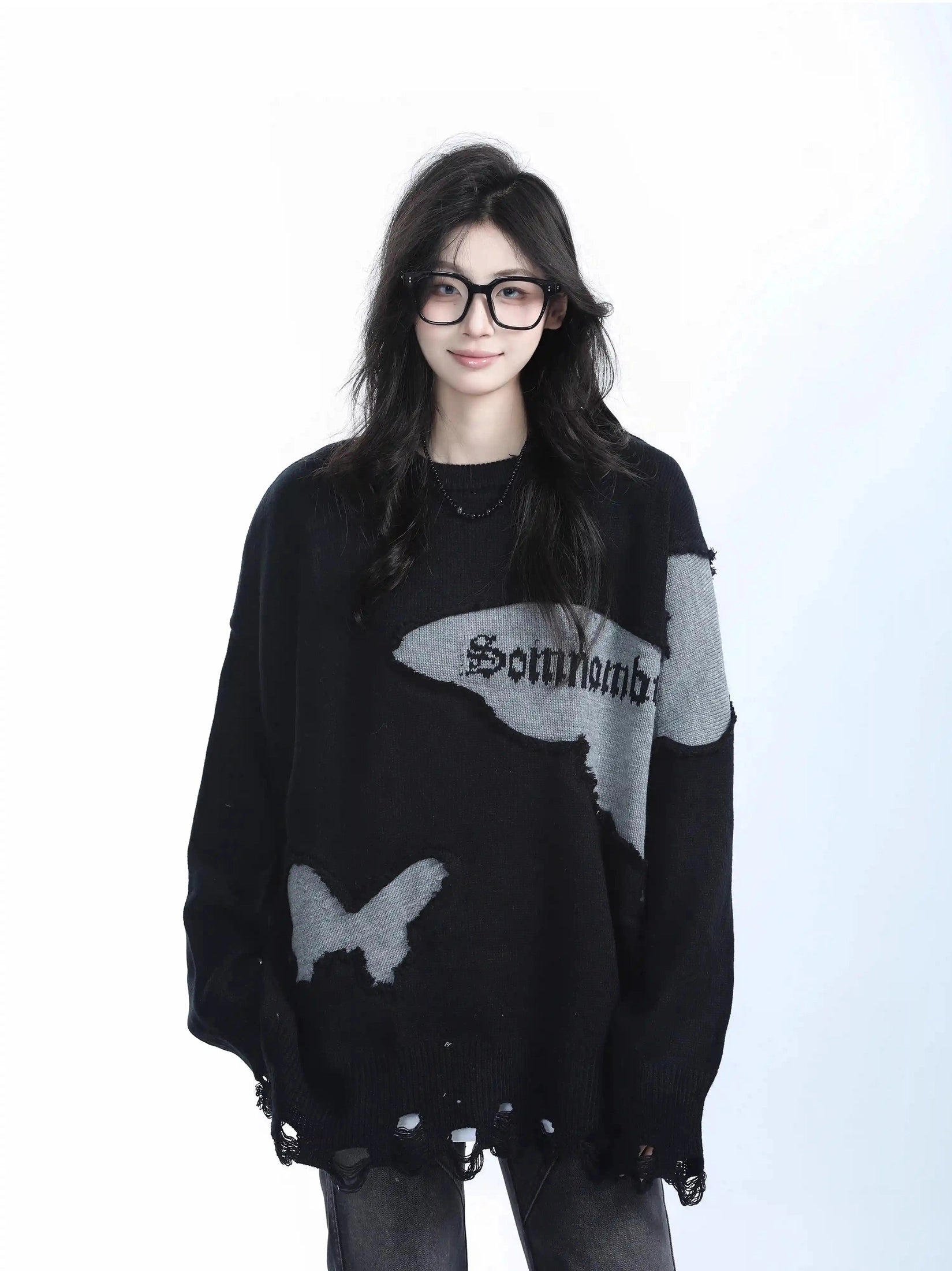 Distressed Butterfly Knit Sweater  f0370