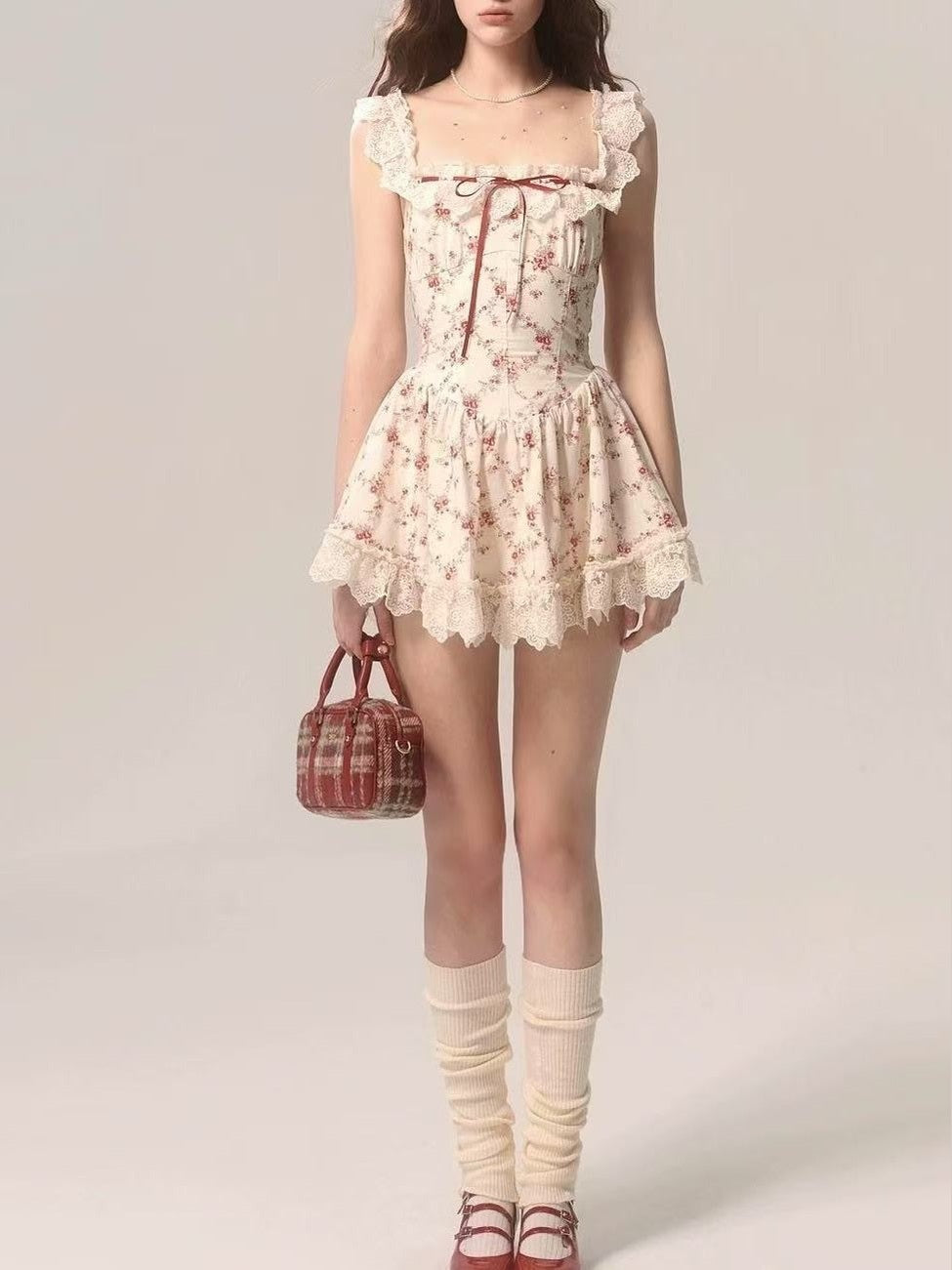 CRUSHPEACH cottagecore vintage red floral lace mini  dress