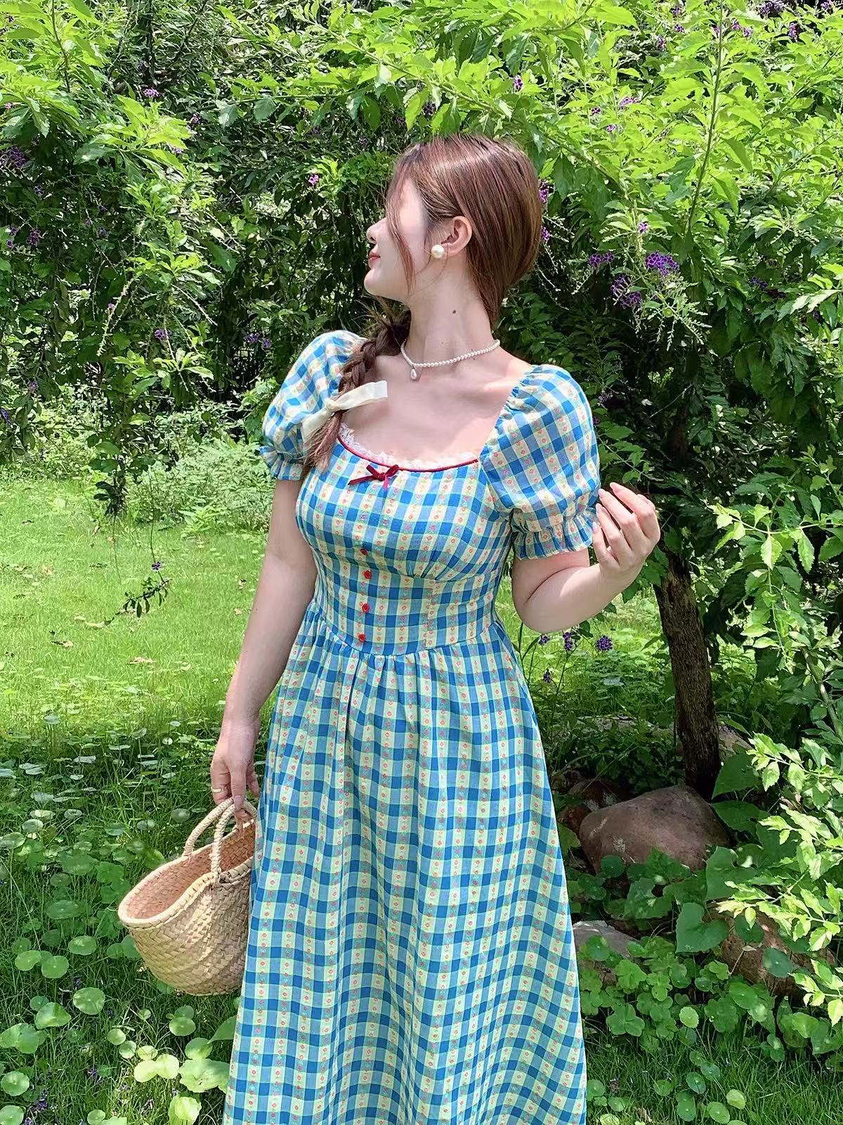 CRUSHPEACH  cottagecore cloud puffy blue& white  plaid MAXI dress