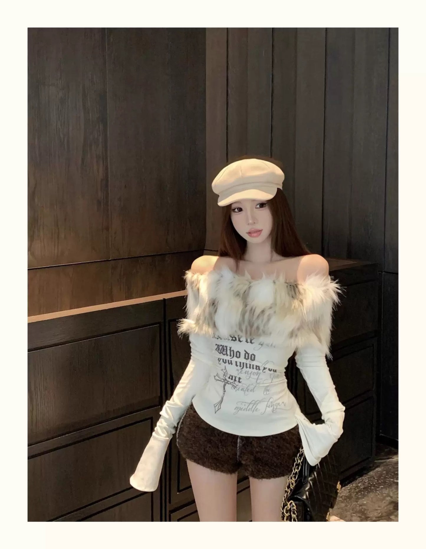 Faux Fur Off-Shoulder Long Sleeve Slim-Fit Waist-Cinching Top C0015