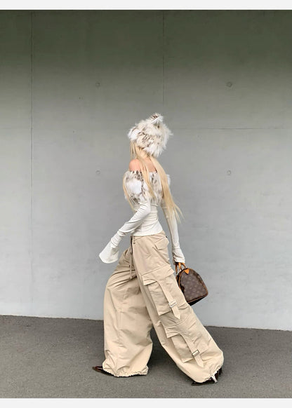 Faux Fur Off-Shoulder Long Sleeve Slim-Fit Waist-Cinching Top C0015