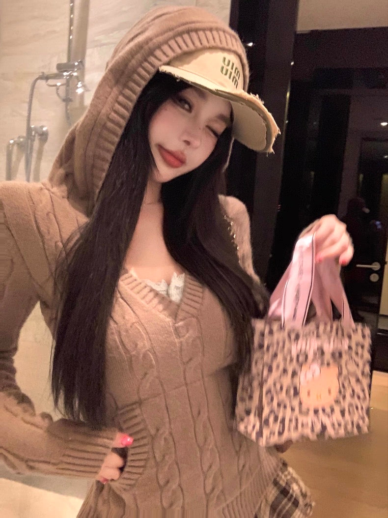 V-Neck Hooded Knitted Pullover for Women C0020