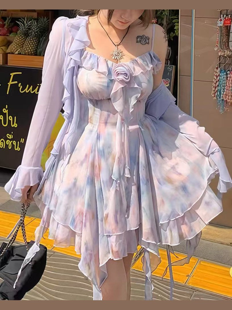 crushpeach Vacation Style Purple Oil Painting rose fairy mini Dress