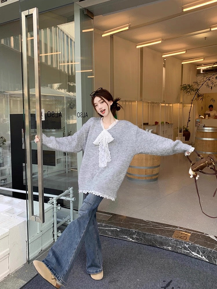 Lace Bowknot Cute Knit Sweater C0039