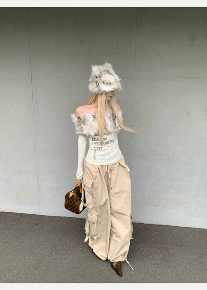 Faux Fur Off-Shoulder Long Sleeve Slim-Fit Waist-Cinching Top C0015