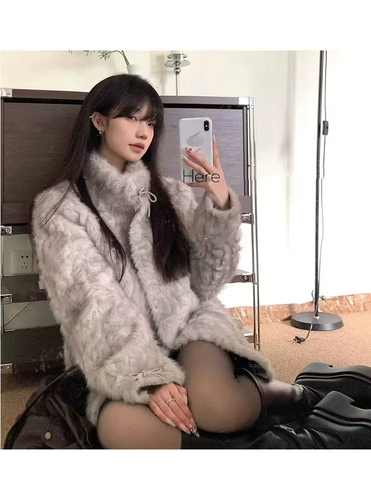 Elegant Bow Stand-Collar Teddy Sherpa Jacket C0046