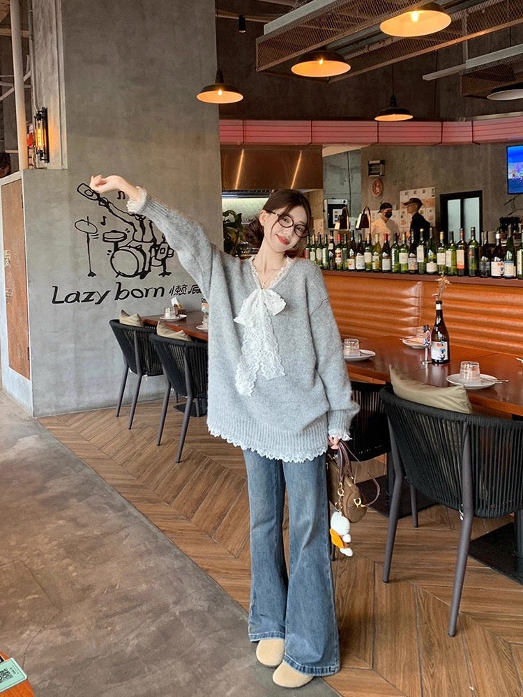 Lace Bowknot Cute Knit Sweater C0039