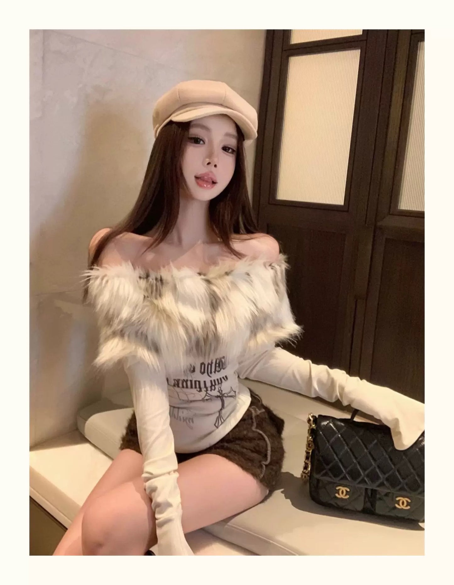 Faux Fur Off-Shoulder Long Sleeve Slim-Fit Waist-Cinching Top C0015