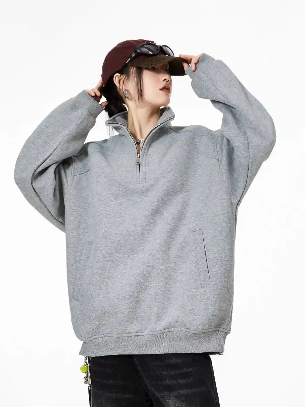 Half-Zip Stand Collar Sweatshirt with Relaxed Fit  f0368