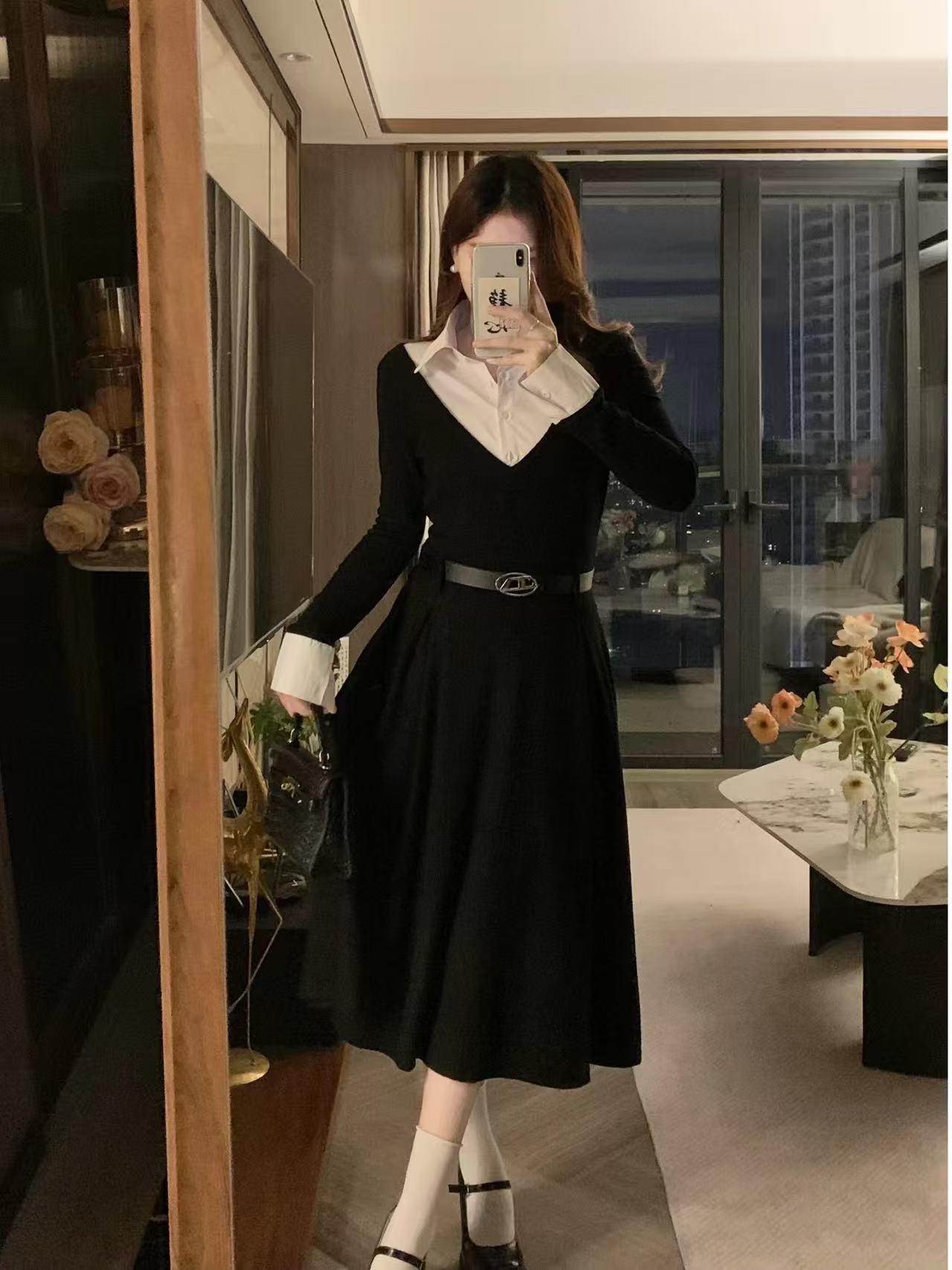 crushpeach legally blonde 2 in 1 black knitted maxi dress with belt