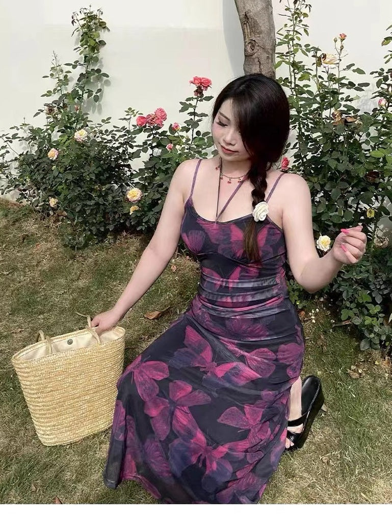 CRUSHPEACH Mesh Purple Butterfly Print Halter Dress-LONG