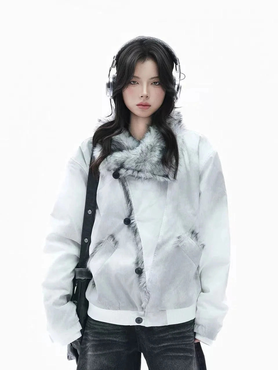 Asymmetric Button Dyed Puffer Jacket   f0386