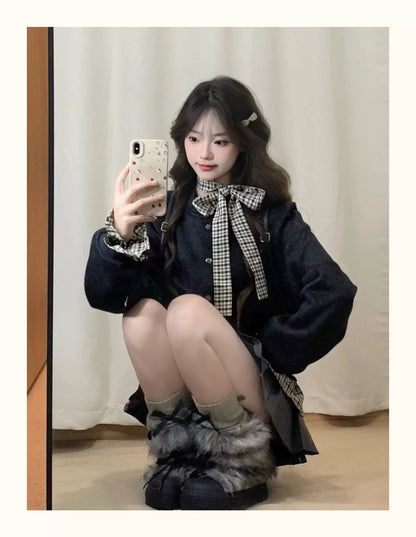 Wool-Blend Baseball Jacket Layered Long-Sleeve Tee & Pleated Skirt Set C0019