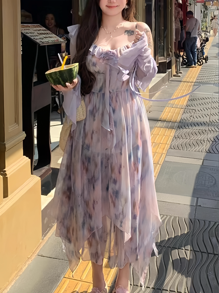 CRUSHPEACH Vacation Style Purple Oil Painting ROSE fairy midi Dress