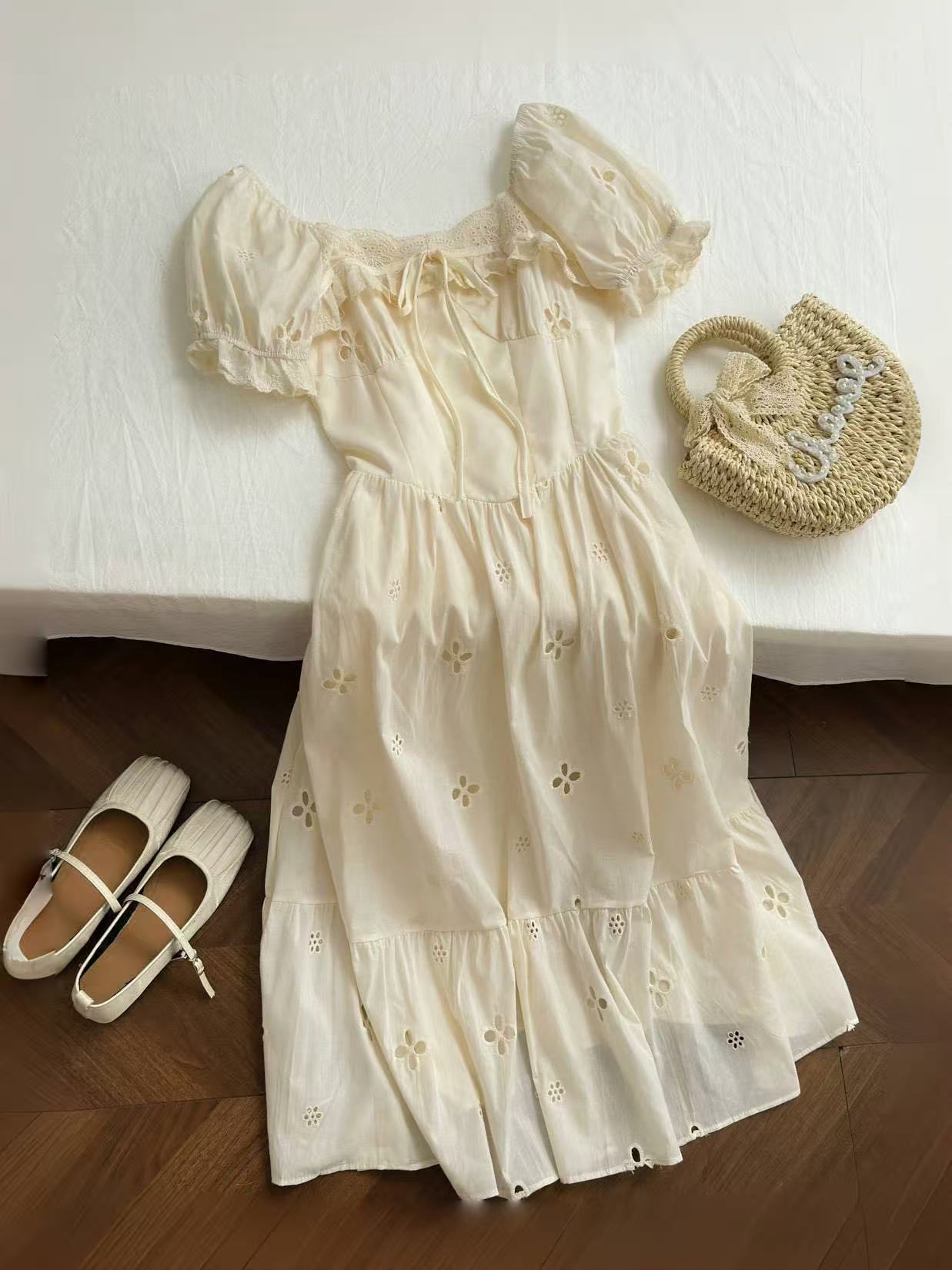 CRUSHPEACH cottagecore creamy white cotton embroidery puffy dress