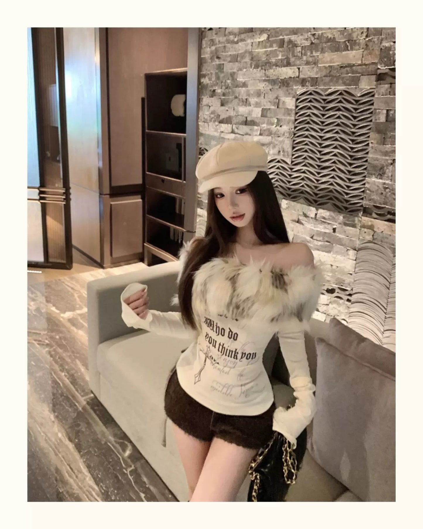 Faux Fur Off-Shoulder Long Sleeve Slim-Fit Waist-Cinching Top C0015