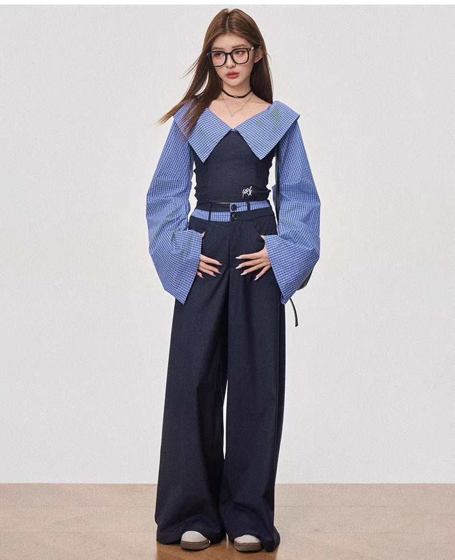 Shoulder striped shirt + wide-leg slacks f0452