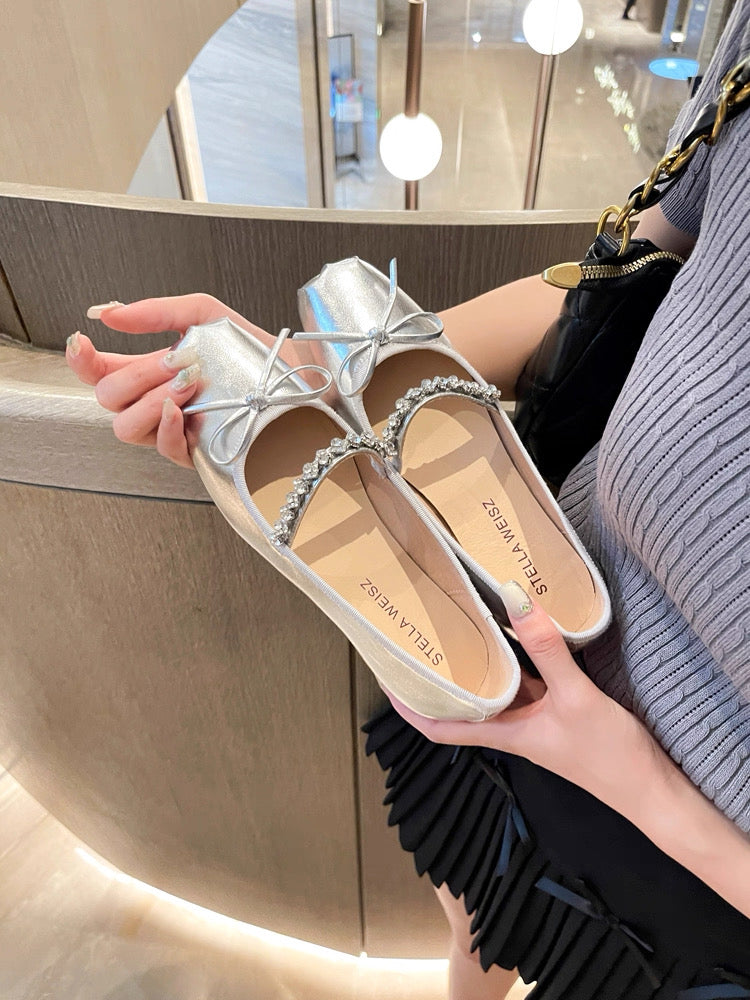 French Square-Toe Bow Ballet Flats S0008