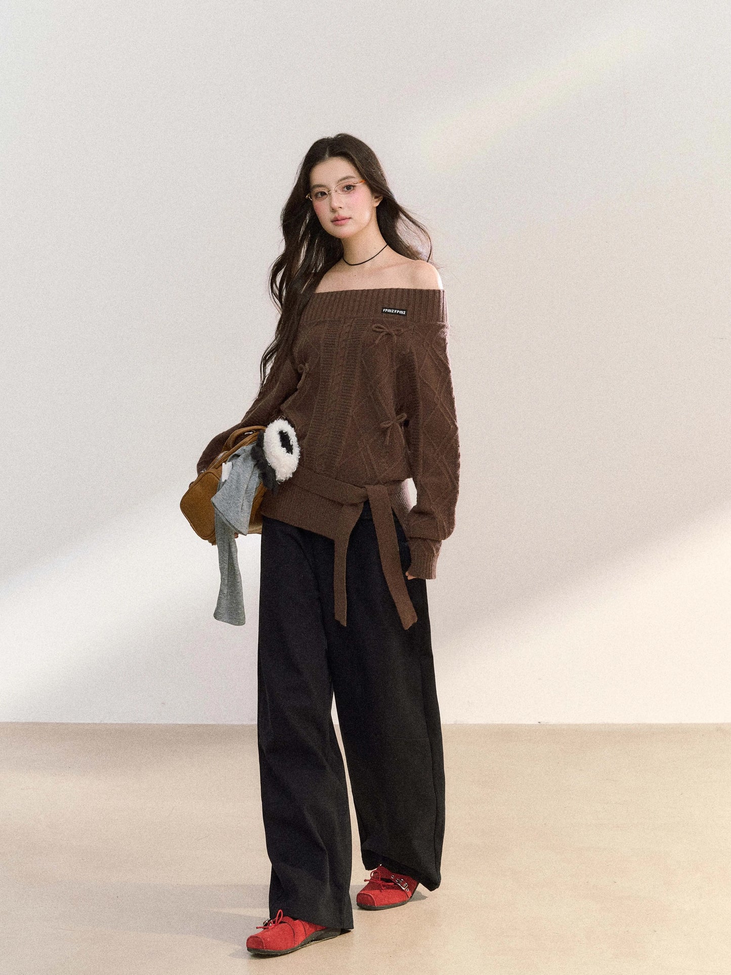 Women’s Off-Shoulder Bow-Knot Sweater with Side Slit C0001