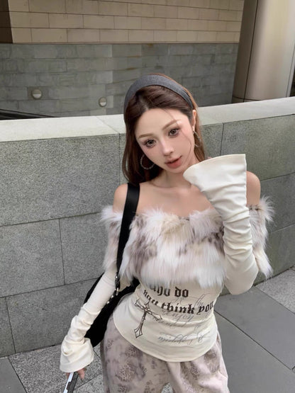Faux Fur Off-Shoulder Long Sleeve Slim-Fit Waist-Cinching Top C0015
