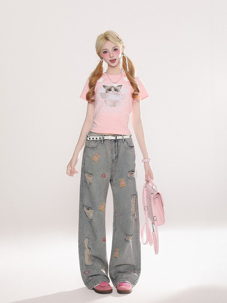 Bear-Embroidered Distressed Wide Jeans  f0400