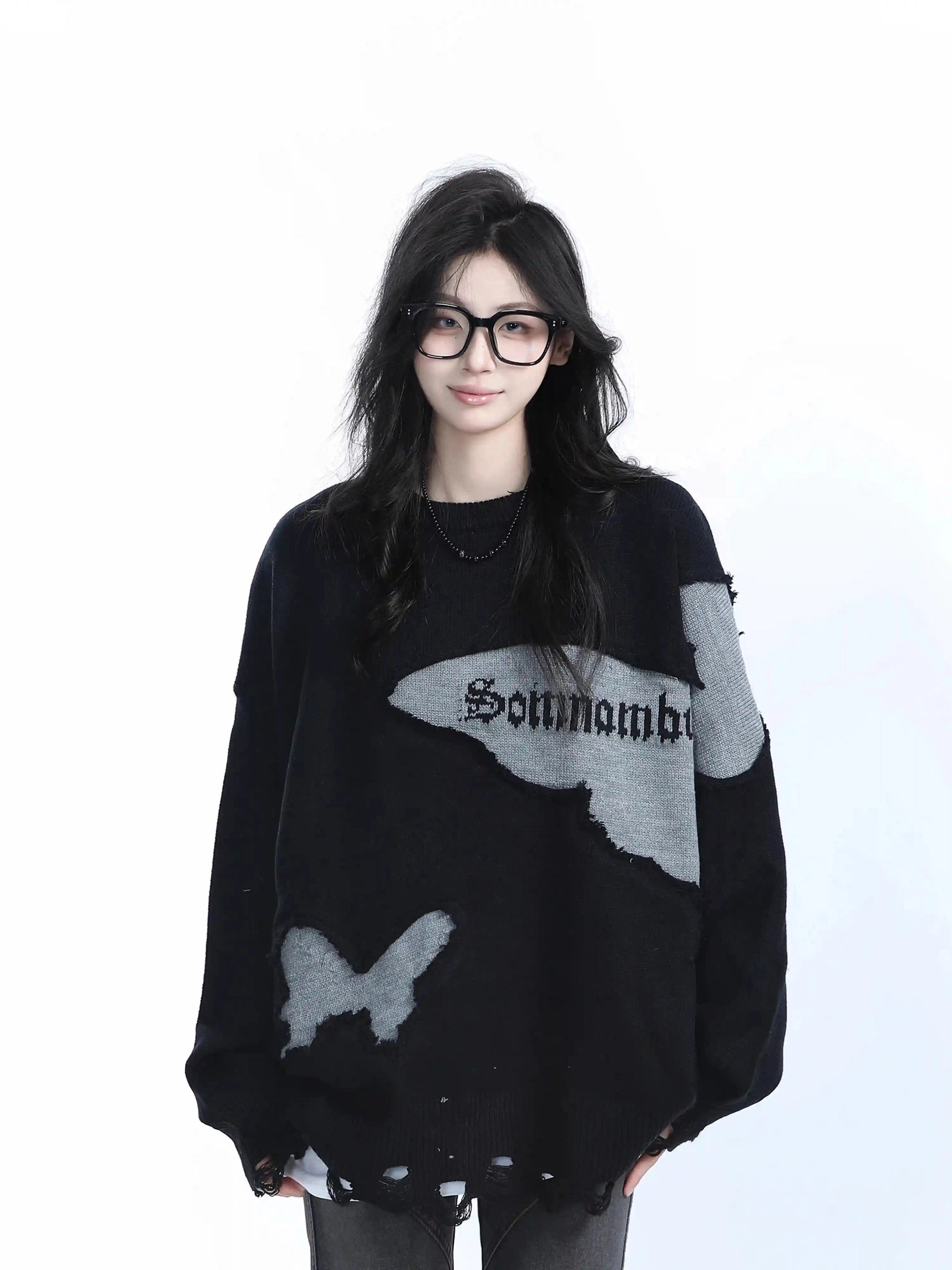 Distressed Butterfly Knit Sweater  f0370