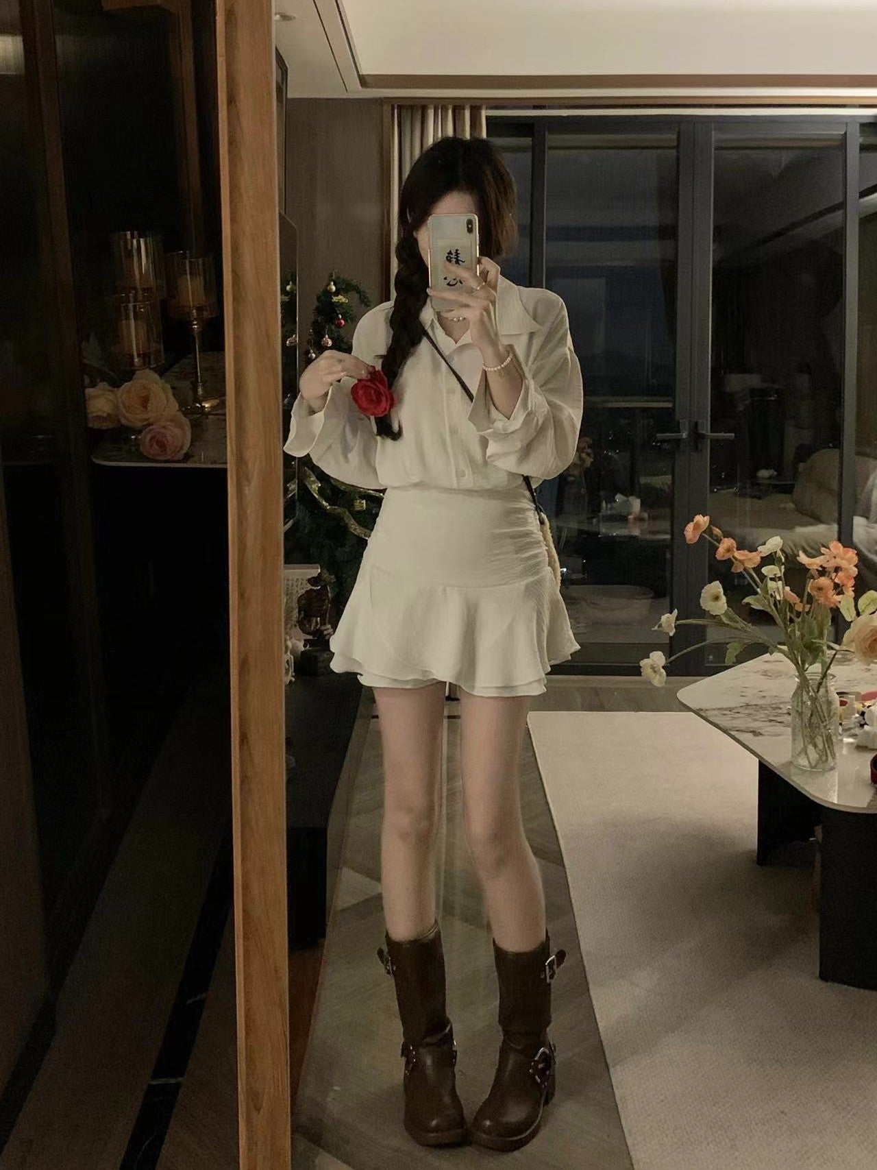 CRUSHPEACH Miss Soda OL Style Blouse White Dress-LONG SLEEVE