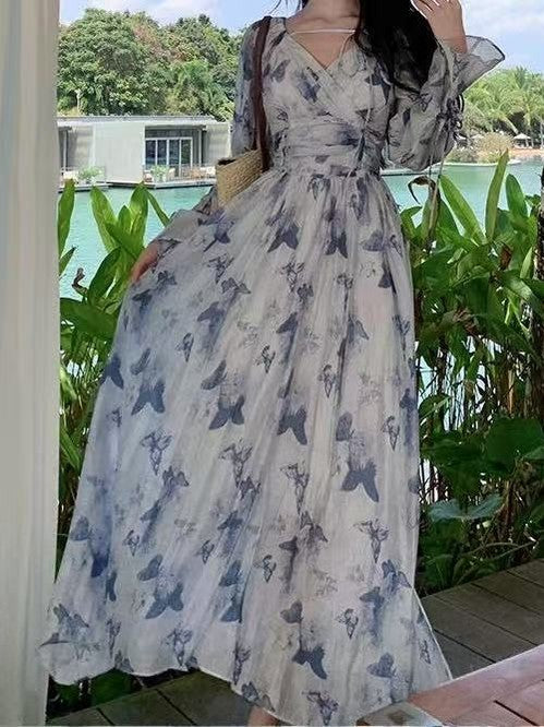 CRUSHPEACH  Blue-Purple Butterfly Long Sleeve maxi Dress