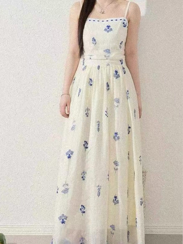 CRUSHPEACH Blue Celadon Embroidered Flower Pod MIDI  Dress