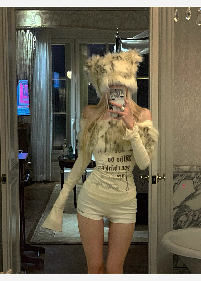 Faux Fur Off-Shoulder Long Sleeve Slim-Fit Waist-Cinching Top C0015