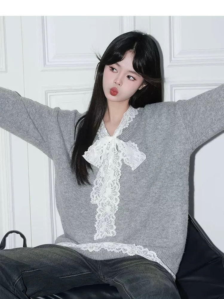 Lace Bowknot Cute Knit Sweater C0039