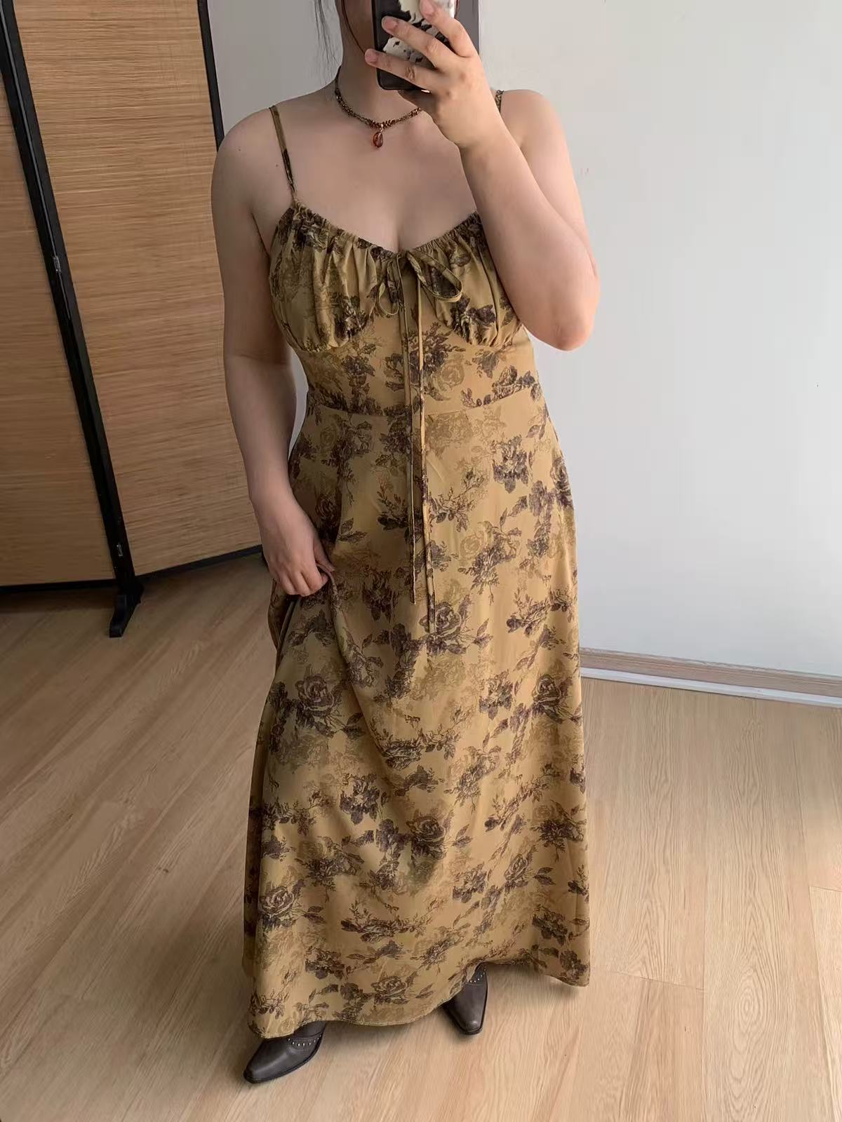 crushpeach flower in autumn Brown Sketch Floral Midi Dress