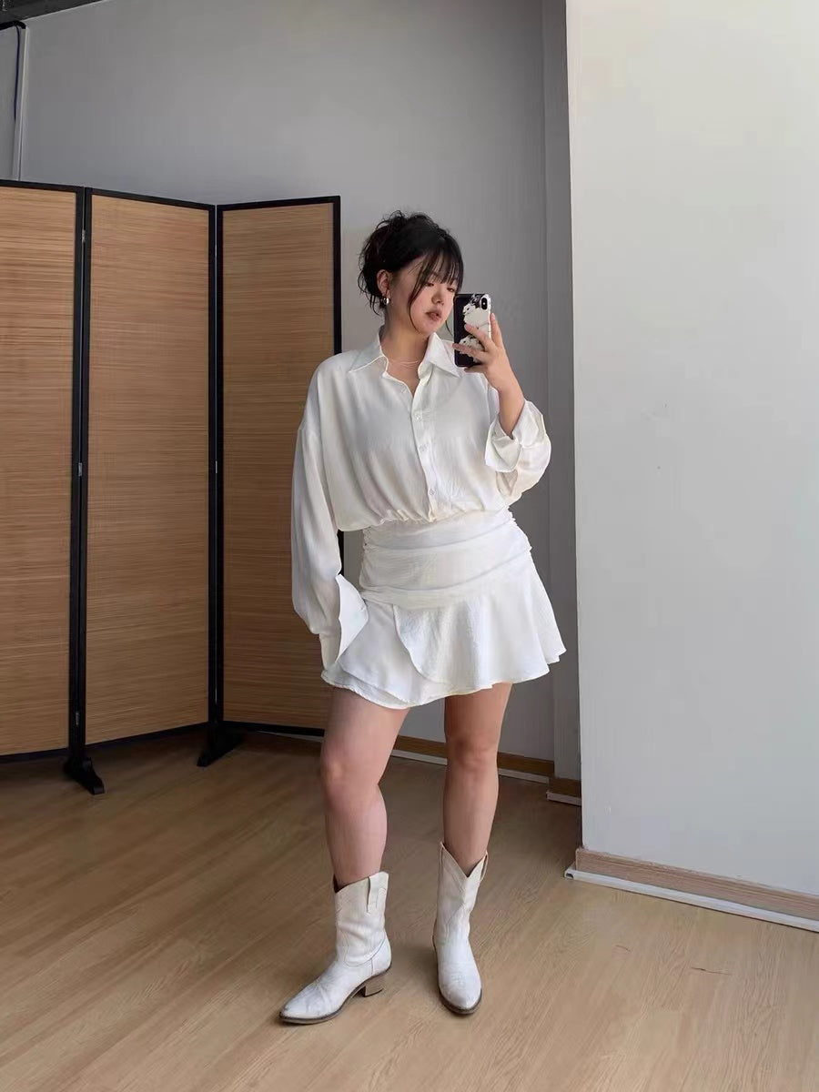 CRUSHPEACH Miss Soda OL Style Blouse White Dress-LONG SLEEVE