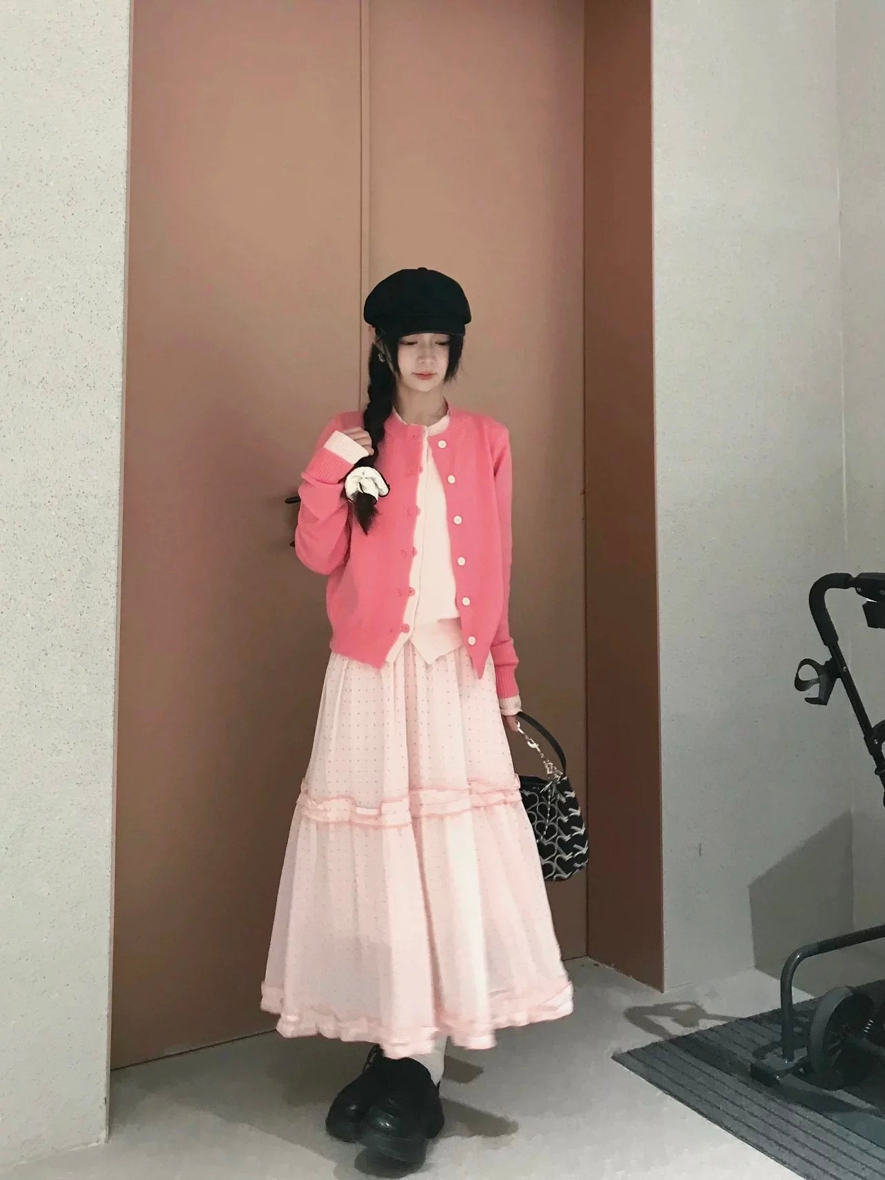 Women’s Pink Layered-Look Knit Cardigan C0011