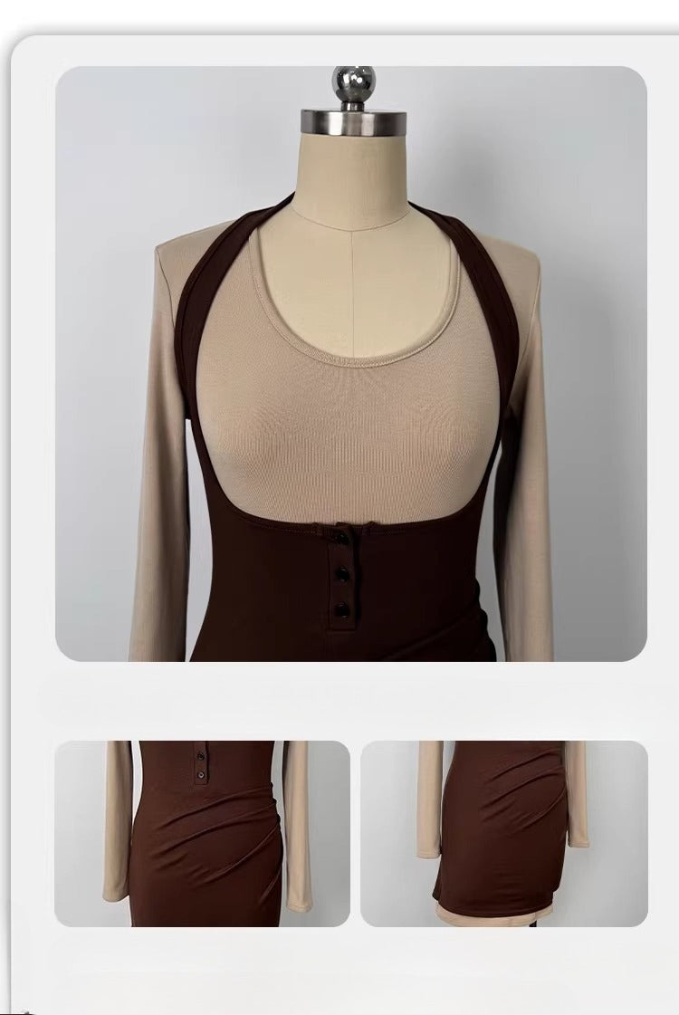 Spice girls sexy fake two-piece long-sleeved dress FE0514