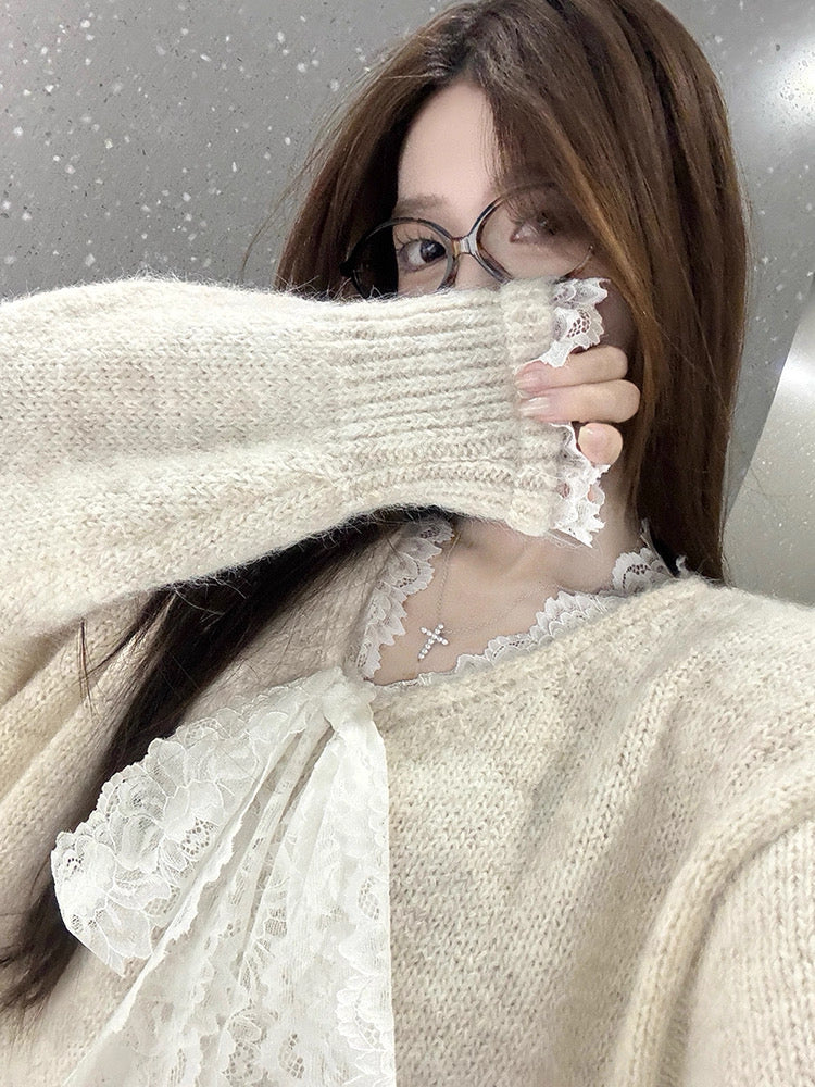 Lace Bowknot Cute Knit Sweater C0039
