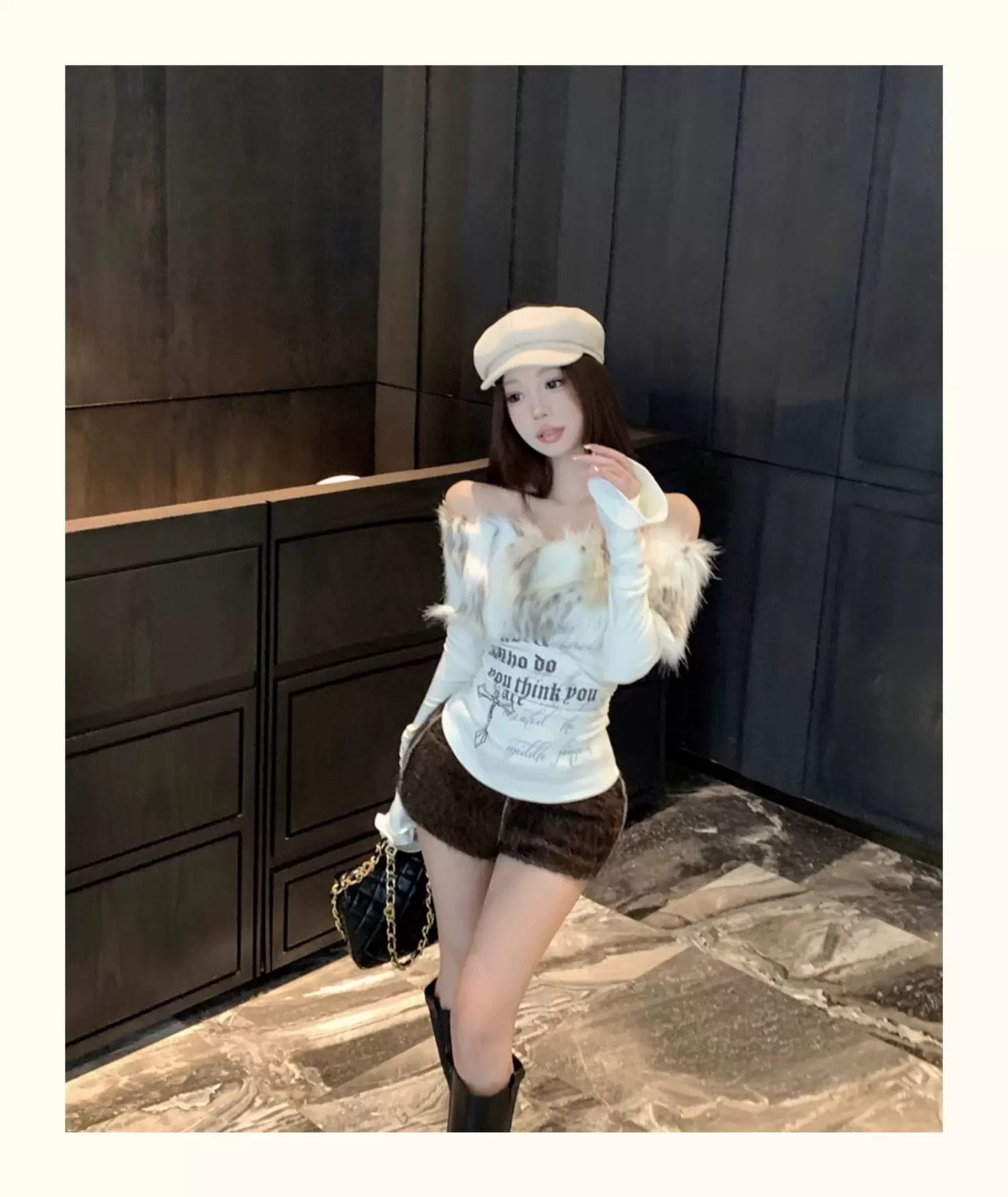 Faux Fur Off-Shoulder Long Sleeve Slim-Fit Waist-Cinching Top C0015