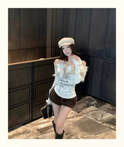 Faux Fur Off-Shoulder Long Sleeve Slim-Fit Waist-Cinching Top C0015