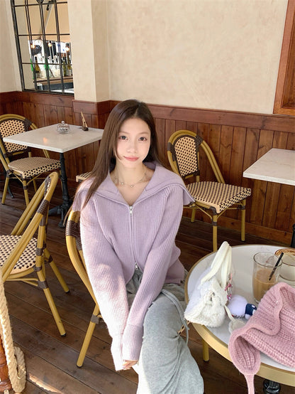 Zip-Up Stand Collar Knit Sweater Jacket C0021