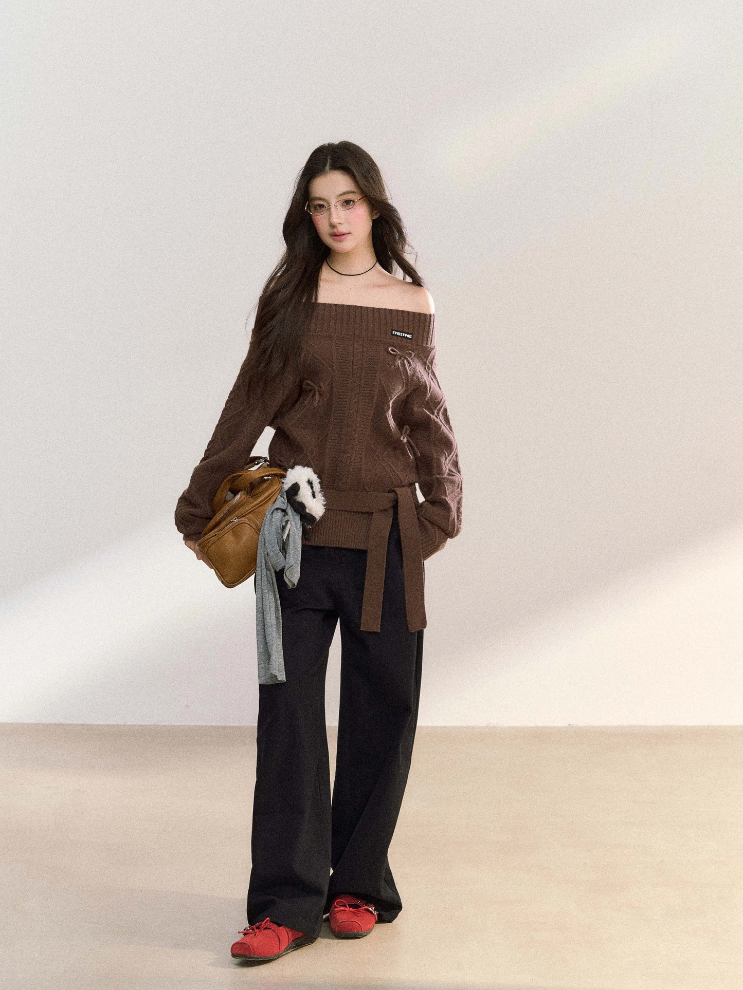 Women’s Off-Shoulder Bow-Knot Sweater with Side Slit C0001