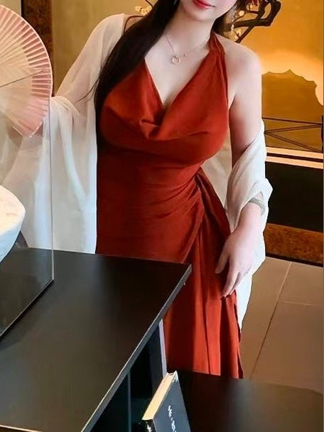 crushpeach Retro Elegance Off-Shoulder Brick Red Halter Dress/coat