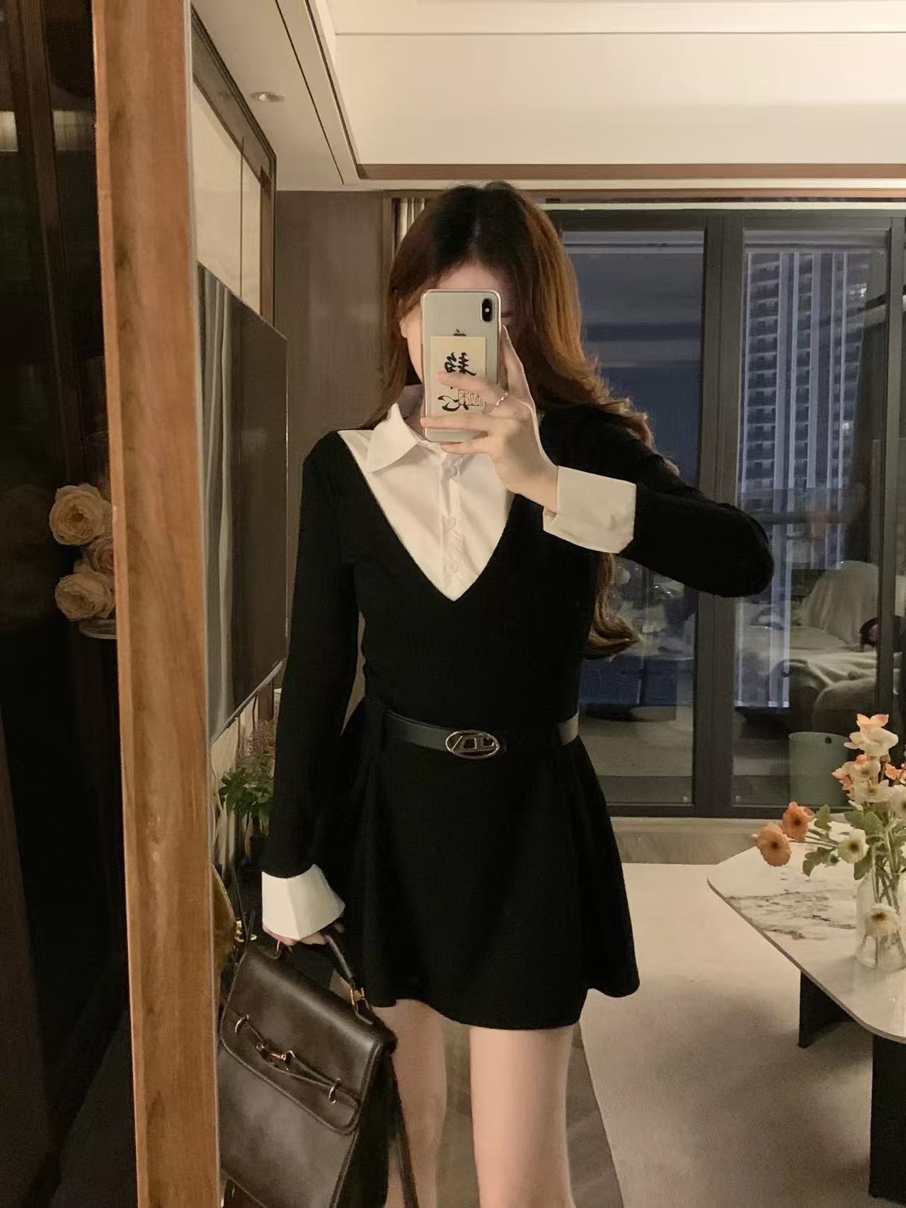 crushpeach legally blonde 2 in 1 black knitted mini dress with belt