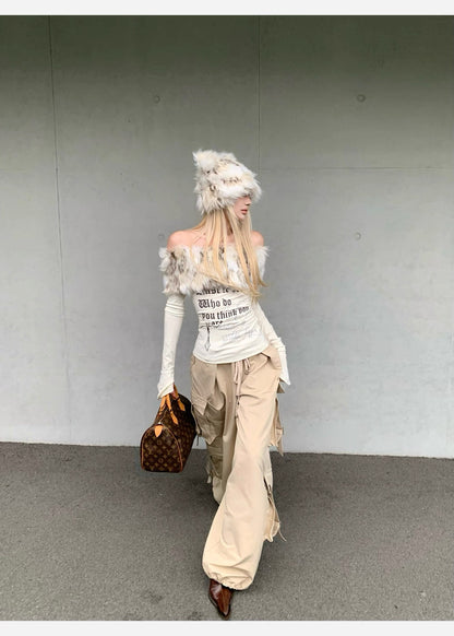 Faux Fur Off-Shoulder Long Sleeve Slim-Fit Waist-Cinching Top C0015