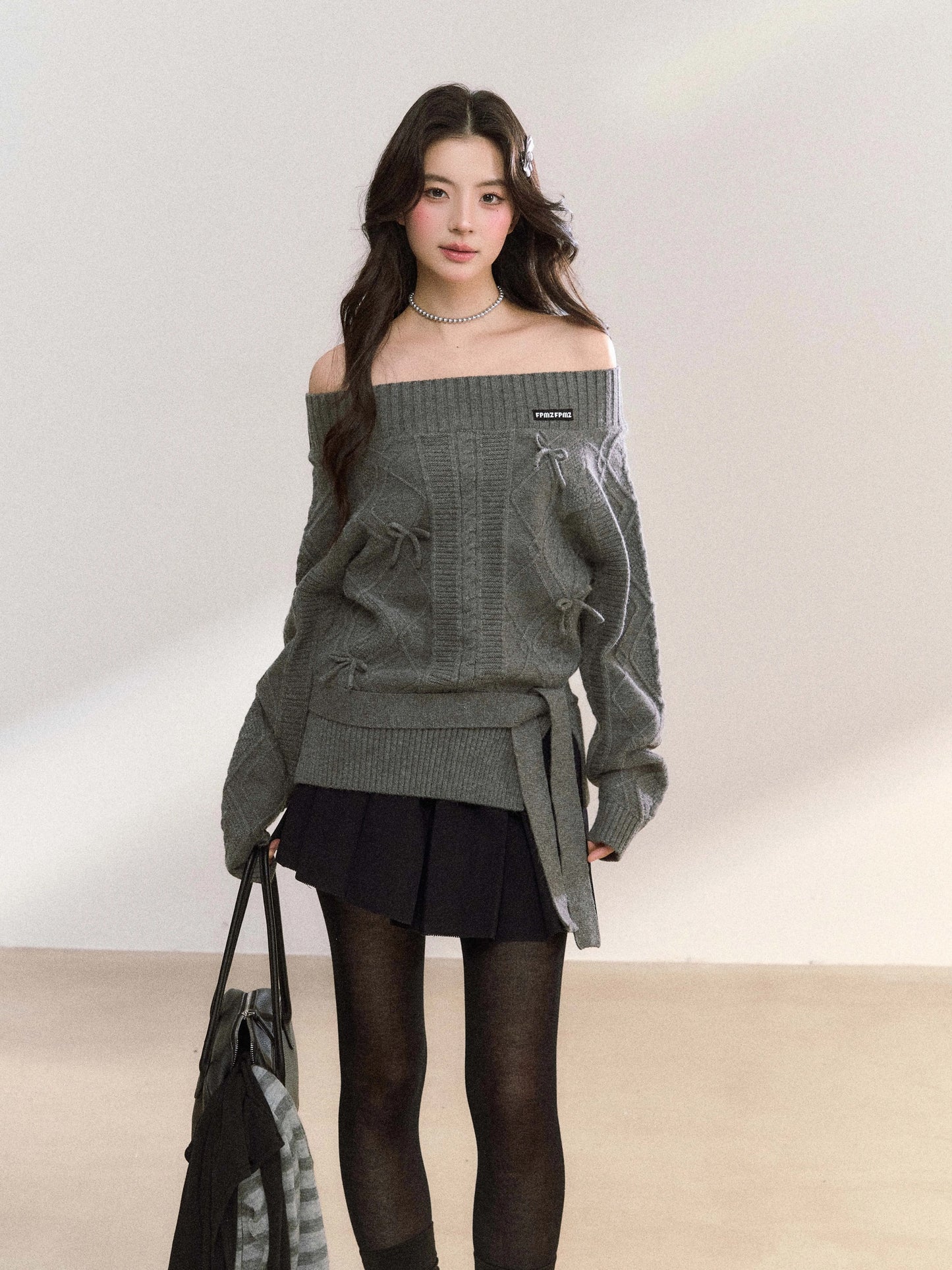 Women’s Off-Shoulder Bow-Knot Sweater with Side Slit C0001