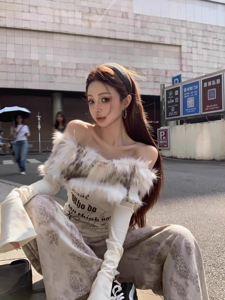 Faux Fur Off-Shoulder Long Sleeve Slim-Fit Waist-Cinching Top C0015