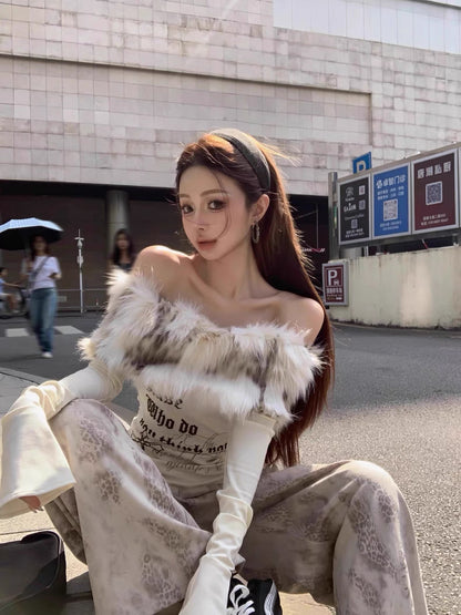 Faux Fur Off-Shoulder Long Sleeve Slim-Fit Waist-Cinching Top C0015
